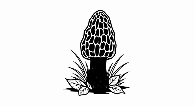 Black and white illustration of a single morel mushroom surrounded by grass and leaves