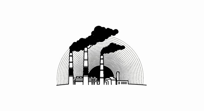Black and white illustration of factory smokestacks emitting dark smoke