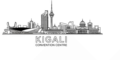 Obraz premium Stylized line art of Kigali's skyline, featuring modern buildings, a tower, and domed structures