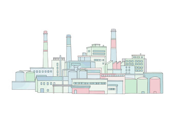 Obraz premium Colorful cartoon factory complex with smokestacks and storage tanks on a white background