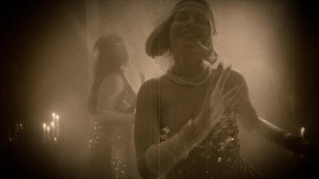 1920s old style sepia color 20s, group of people dancing crowd enjoy time in dark night club. retro lady smiling face, flapper female male have fun at dance floor party, happy woman roaring twenties.
