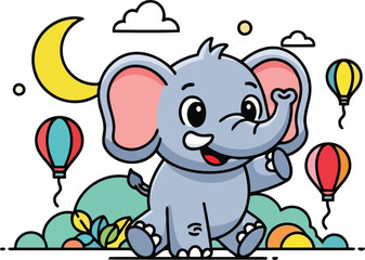 Naklejka premium Cute sitting baby elephant with balloons and plants outline vector