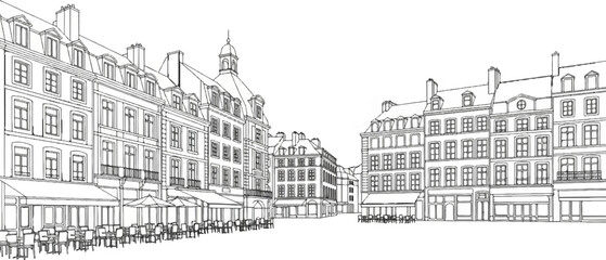 Obraz premium Historic European square with ornate buildings, outdoor cafes, and rooftops
