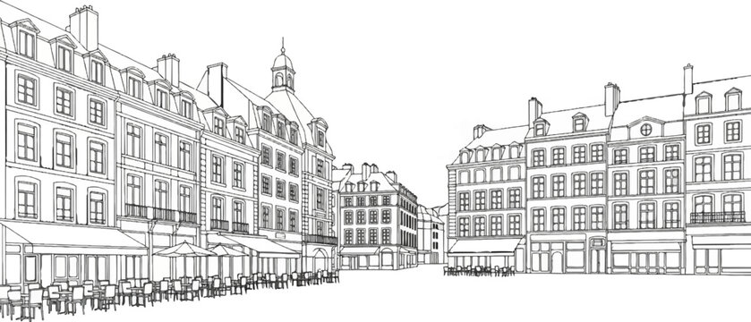 Historic European square with ornate buildings, outdoor cafes, and rooftops