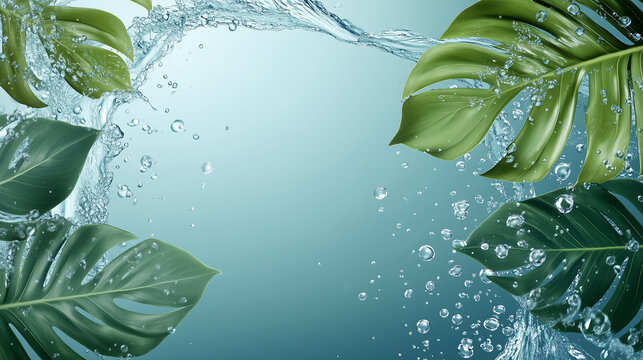 Tropical monstera leaves with fresh water splash on a teal background