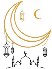 Islamic crescent moon hangs lanterns above a mosque silhouette