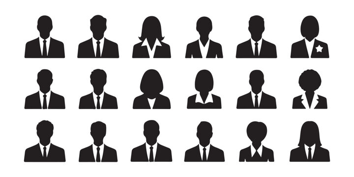 Set of black and white silhouette icons showing diverse men and women in business suits, professional appearance