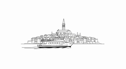 Fototapeta premium Line art depiction of a ferry boat sailing past a coastal town with a prominent church spire
