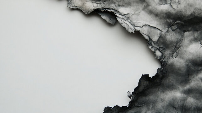 Abstract texture background featuring a rough charred black paper edge contrasting sharply against a clean smooth white surface perfect for dramatic graphic design.