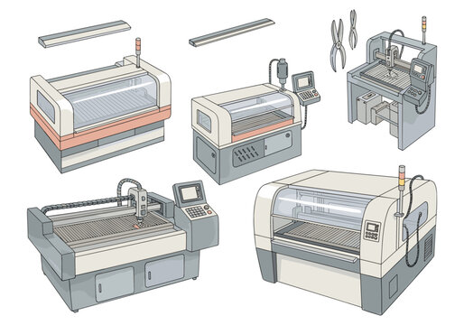 Collection of industrial laser cutting and engraving machines with control panels and tools