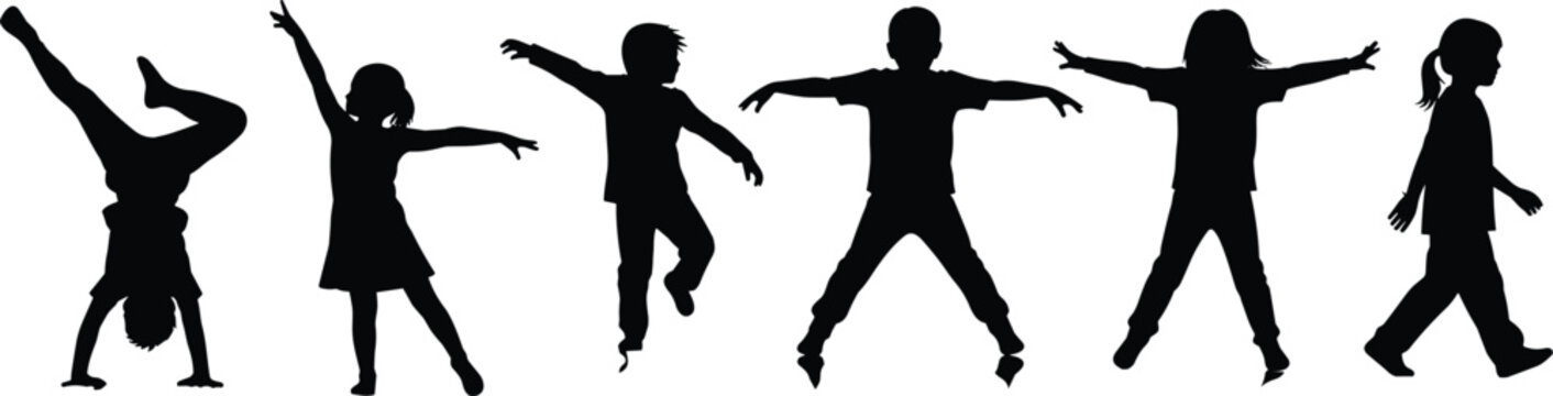 Kids playing silhouettes collection, children jumping dancing walking and handstand poses, playful childhood activities vector illustration isolated on white