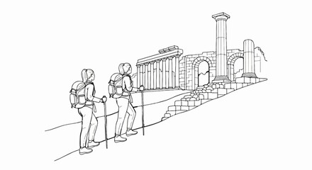 Obraz premium Two hikers ascend a path towards ancient ruins with columns and arches