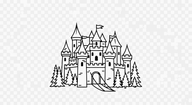 A whimsical line drawing of a fairytale castle with pointed turrets and surrounding pine trees