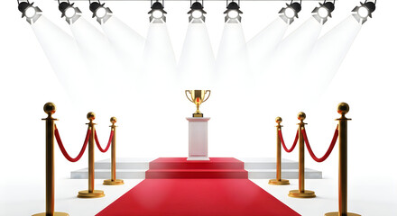Award Ceremony: A radiant red carpet leads to a prestigious golden trophy, illuminated by spotlights, symbolizing achievement and celebration. A scene of grandeur and anticipation.