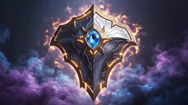 A fantasy-style shield with a blue gemstone and gold accents set against a dramatic, cloudy background with purple and blue hues.