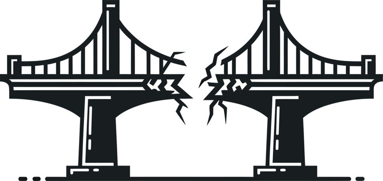 Broken suspension bridge cracked damaged