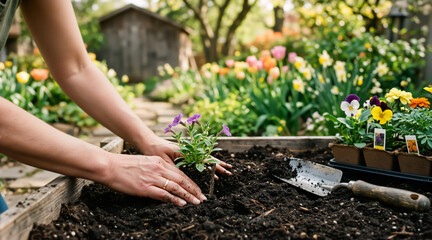 Hands planting a purple flower seedling into a raised garden bed. Gardener working with soil and a tray of spring flowers in a backyard. Gardening hobby concept