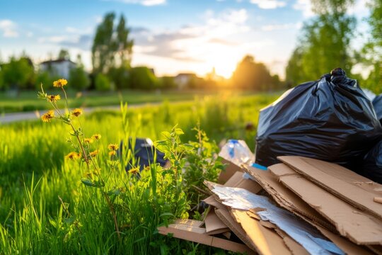 Windblown Garbage Pile at a Residential Area Under Sunny Sky with Green Grass