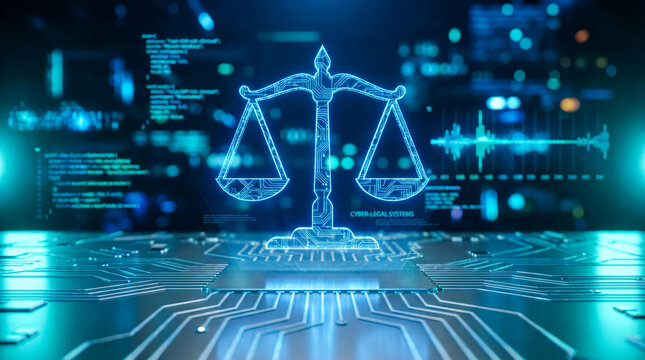 Digital scales of justice hologram over circuit board. Legal tech, cybersecurity law and AI compliance concept. 