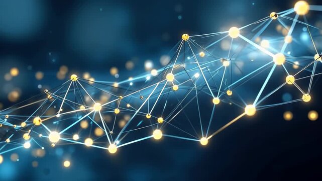 Glowing data network mesh with golden nodes drifting on dark blue bokeh background 60 FPS