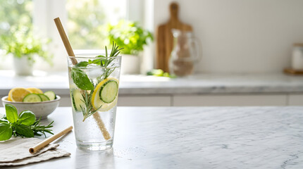 Natural Detox Water With Herbs Cucumber And Lemon Bright Lifestyle Drink Concept