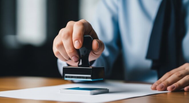 Person in a blue shirt stamping a document with a black rubber stamp on a wooden desk