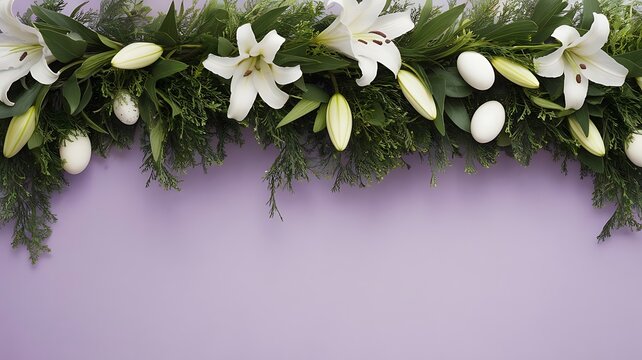 Elegant Easter border with white lily flowers and green leaves on purple background with copy space
