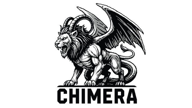 Mythical chimera creature with dragon wings and lion body in black and white design Vector