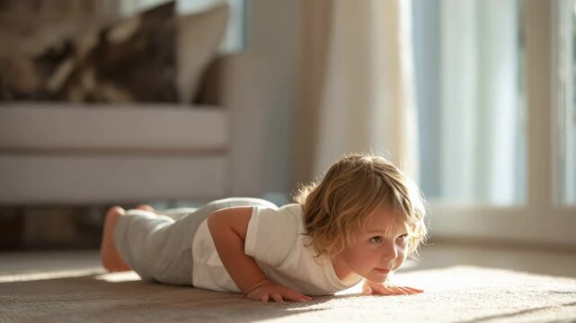 Young boy doing push-ups indoors, bathed in warm sunlight, focusing on his exercise