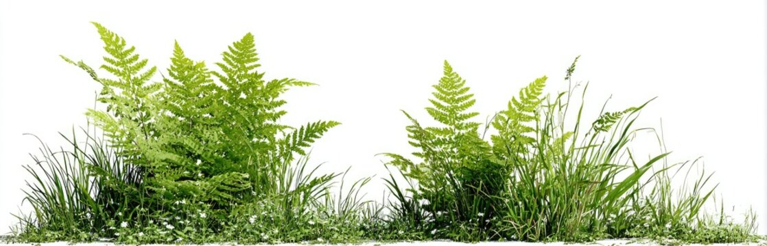 Lush green ferns and grasses on white background, creating a natural border effect