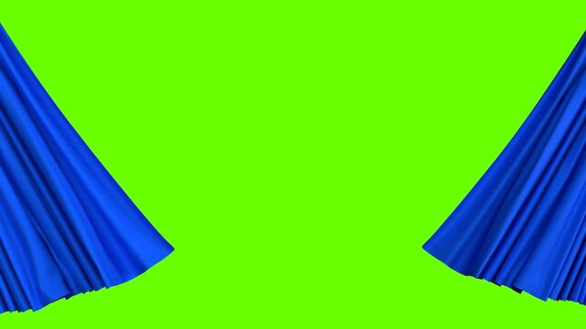 Blue curtain opening with green background, Stage curtain with green screen for editing. 3D Render