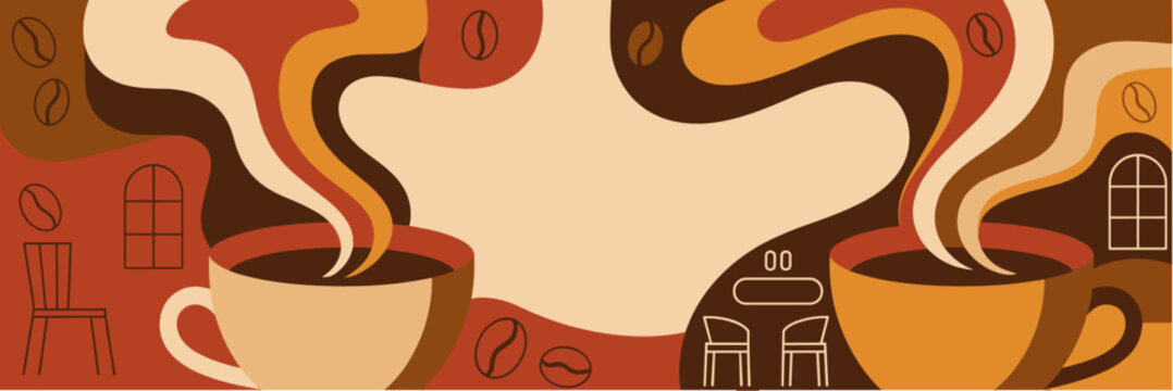 Two steaming coffee cups with beans and caf&eacute; scene in warm abstract banner with copy space
