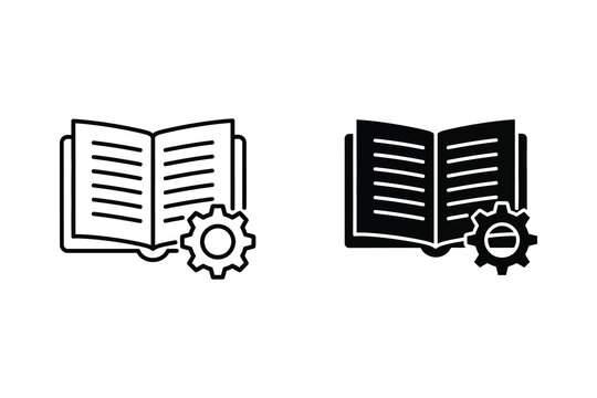 Open book and gear icon, knowledge, learning, technical documentation, process.