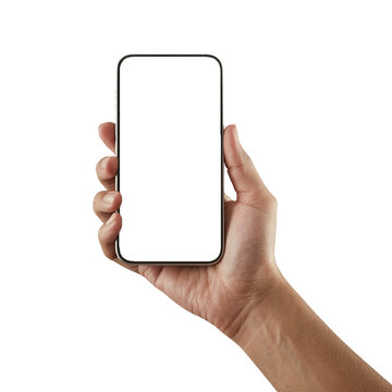 Hand holding a blank smartphone screen isolated on transparent background
