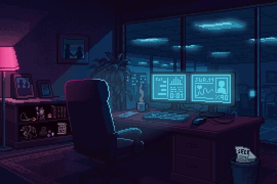 Pixel Art Stock Trader Analytics Dashboard in Dark Office