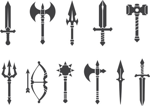 Spartan weapon designs bundle set, ancient Greek sword, spear, axe, bow and hammer silhouette icons for game UI, logo and app design