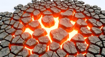 Glowing Orange Lava Cracks in Dry Earth Forming a Circular Pattern with Cracked Soil Texture and Bright Yellow Light