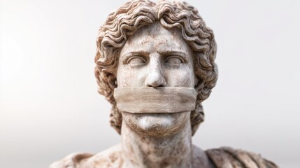Obraz premium Ancient man statue with mouth duct taped. Symbol of censorship and freedom of speech restriction. Conceptual metaphor for suppressed truth, silence and communication barrier in society.