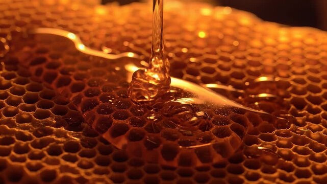 Golden Honey Drizzle: A stream of golden honey cascading over a honeycomb, highlighting its intricate pattern and inviting taste.