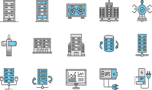 Data Center and Server Infrastructure Icons Vector Set Featuring Rack Servers, Cooling System, UPS Backup, Database Storage and IT Network Equipment.