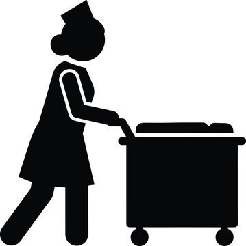 Black silhouette of a maid pushing a laundry cart vector