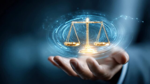 60 FPS Hand presenting glowing golden justice scales with rotating holographic data rings