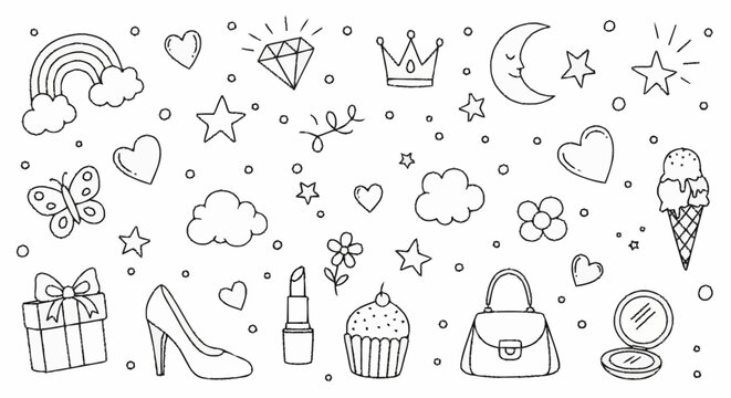 Collection of hand-drawn doodle icons for girls and women.