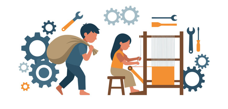 Stop Child Labour Vector Illustration Showing Boy Carrying Heavy Sack and Girl Working at Textile Loom with Industrial Gears and Tools Concept of Exploitation and Poverty