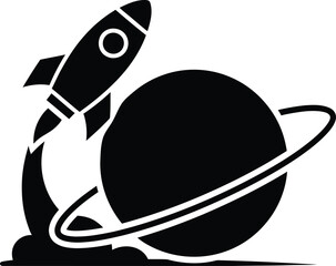 Black and white illustration of a rocket launching near a ringed planet in space © SRUK BLAZE