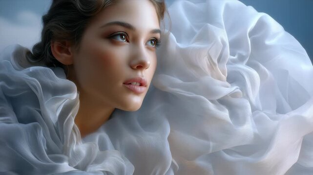 60 FPS dreamy close up portrait of young woman in flowing white tulle opening eyes and gazing upward
