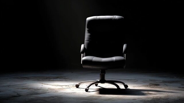 60 FPS Black leather executive office chair slowly rotating under dramatic spotlight on concrete floor