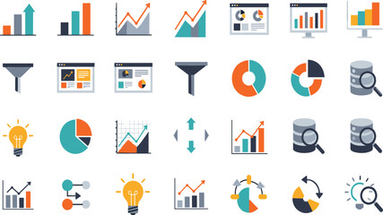 Fototapeta premium Data Analytics and Business Intelligence Icons Vector Set Featuring Charts, Graphs, Funnel Analysis, Database Search and Market Growth Symbols.