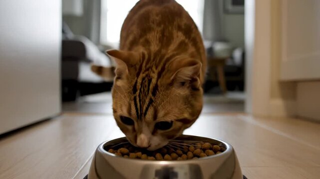 Close-up of a ginger cat eagerly eating kibble from a metal food bowl on a wooden floor