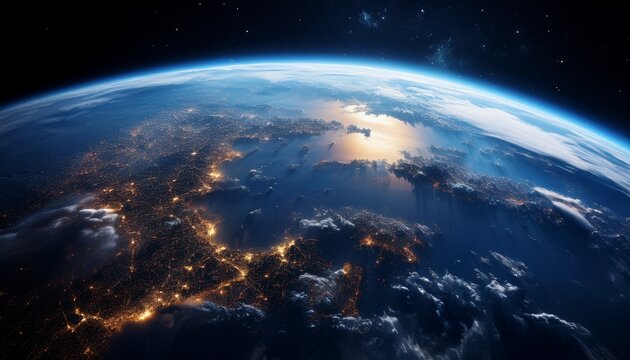 a cinematic still capturing earth from orbit highlighting the contrasting glass like surfaces that create a striking visual effect against the backdrop of space